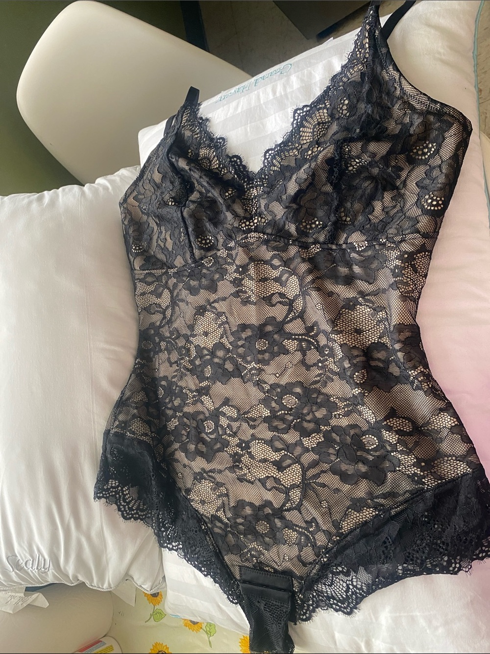 Black Lace Chemise Bodysuit with Floral Lace Detailing